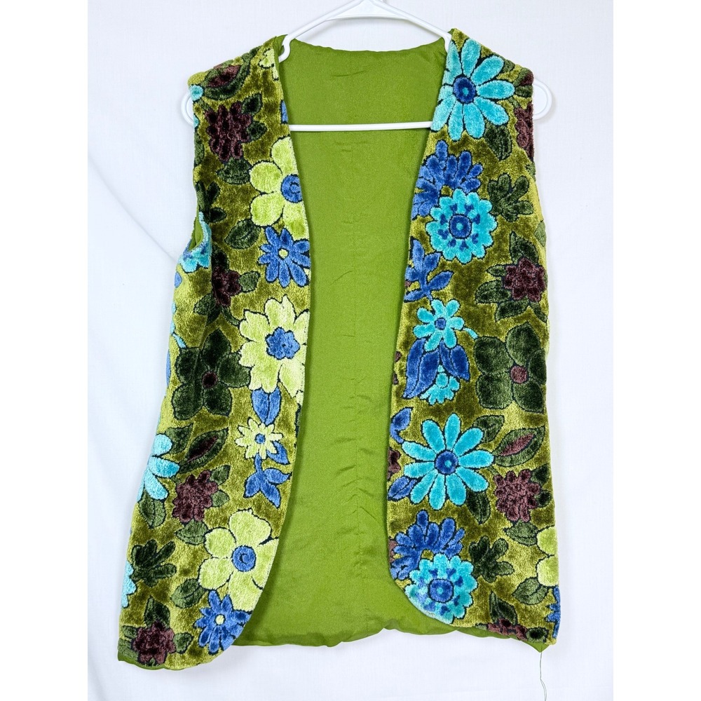 Vintage 70s Psychedelic Velvet Groovy Floral Vest Green Blue Medium Hippie Retro